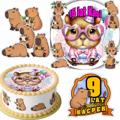 Obrázek produktu pro Zestaw Opłatek Na Tort 20Cm + 16 Postaci - Kapibara + Imię 15Cm 18Cm