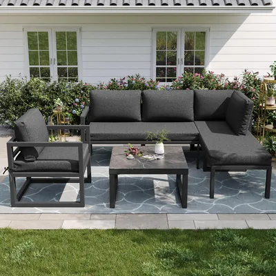 Image de Ensemble de mobilier de jardin pour l'extérieur, ensembles de salon de jardin avec structure en fer galvanisé, pieds réglables, ensemble de conversation pour terrasse avec tous les sièges et