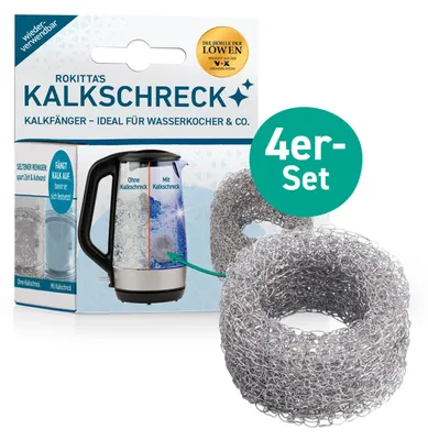 Produktbild von ROKITTAS Kalkschreck 4er Set aus Edelstahl – Kalkschutz für Wasserkocher mit rostfreier Edelstahlwolle wiederverwendbar für Haushalt und Küche