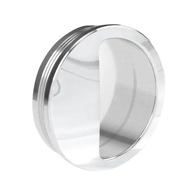 A round, silver-colored handle with a textured insert, shown against a white background.