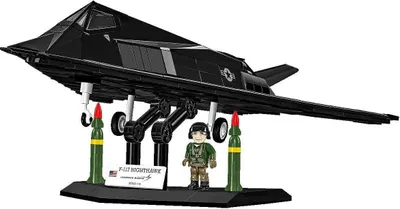 A model of a black F-117 Nighthawk stealth fighter jet on a display stand, with a pilot figure and missiles.