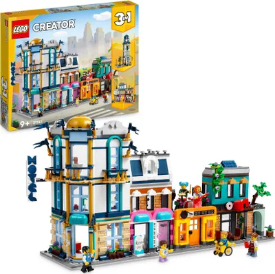Zdjęcie produktu dla LEGO 31141 Creator 3w1 Główna ulica, 4-piętrowy budynek w stylu art déco, ulica handlowa; zabawka z modelem hotelu, kawiarni, mieszkań i sklepów do zbudowania z klocków dla 9-latka