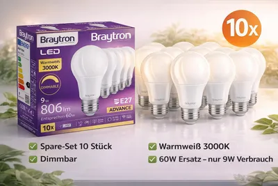 Produktbild von 10 X Braytron LED Leuchtmittel E27 stufenlos Dimmbar 9W Warmweiß 3000K 806 lm Birnenform Ersetzt 60W Glühbirne
