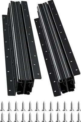 Two sets of black drawer slides and a row of screws on a white background.