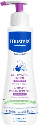 A white bottle of Mustela Intimate Cleansing Gel with a pump dispenser.