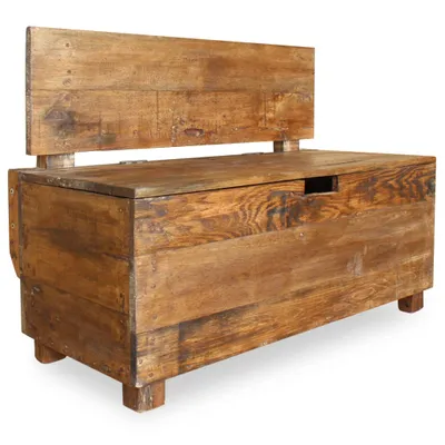 A wooden storage bench with a backrest, shown from a three-quarter angle against a white background.