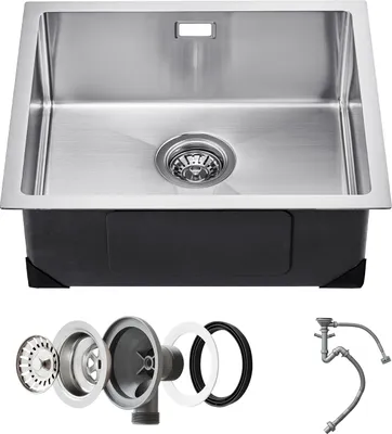 A stainless steel kitchen sink and its accessories are displayed against a white background.