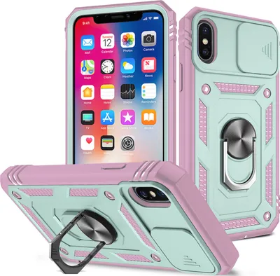 Immagine prodotto di Custodia per iPhone X / iPhone XS protezione fotocamera scorrevole, resistente agli urti, con supporto ad anello, supporto e porta carte di credito Rosa Verde