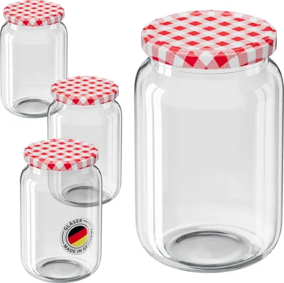 Produktbild von WELLGRO 12 x 720 ml Einmachgläser mit Schraubdeckel TO 82 – rot kariert - Luftdichte Rundgläser ideal zum Einkochen und Aufbewahren