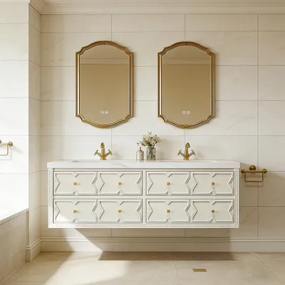 Image de Ensemble lavabo mural en grès cérame, ensemble meuble-lavabo de salle de bains, ensemble de meubles de salle de bains moderne, avec trou pour robinetterie, blanc, 130 × 55 cm /SJBGB/