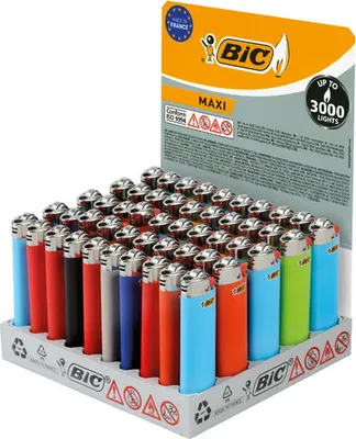 A display box filled with colorful BIC lighters.