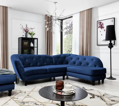 Produktbild von Ecksofa Designersofa CHARLOTTE in Stoff Matt Velvet Dunkelblau Ottomane Rechts