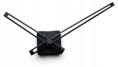 A close-up shot of a black clock mechanism with two hands, isolated on a white background.