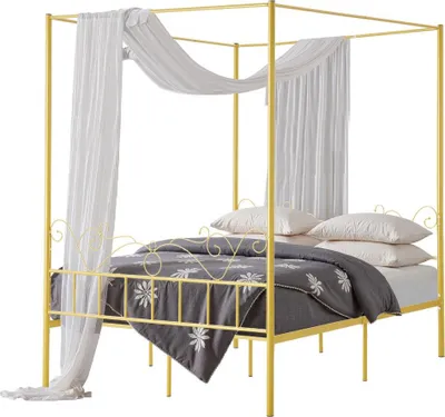 Produktbild von Himmelbett Rahmen Queen Size - Metall Himmelbett mit minimalistischem Kopfteil - Himmelbett-Design - Robuste Stahl Latten Unterstützung - Runder Rahmen - Stauraum unter dem Bett - Kein Boxspring benötigt - Goldfarben