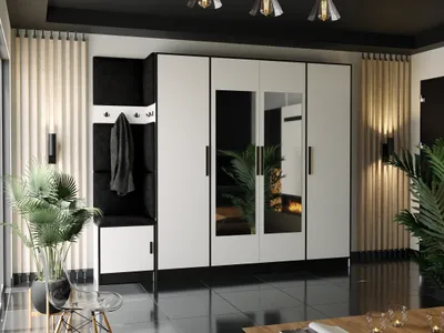 A modern entryway with a wardrobe, bench, and coat rack.