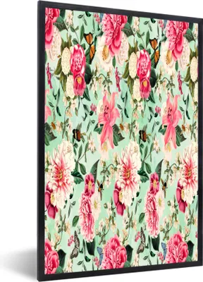 Produktbild von MuchoWow® MuchoWow® Gerahmtes Poster Blumen - Lilie - Rosa - Schmetterling 40x60 cm - Poster mit zchwarzem Bilderrahmen - Papierdruck - Wandbilder