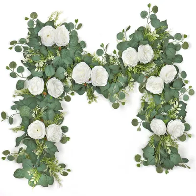 Immagine prodotto di 2 ghirlande artificiali di eucalipto, bianche, lunghe 190 cm, con fiori di peonia