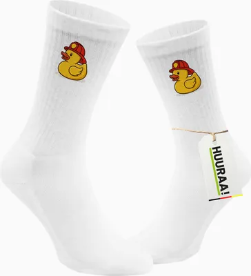 Produktbild von Huuraa Uni Socken Quietscheente Feuerwehr Comic Gummiente 42/46 White Baumwolle Tennissocken Geschenkidee