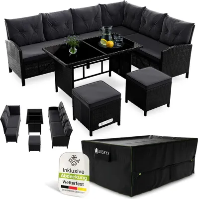 Produktbild von Juskys Polyrattan Lounge Manacor - Sofa, Tisch, Hocker & Kissen inkl. Abdeckung - Schwarz & Grau