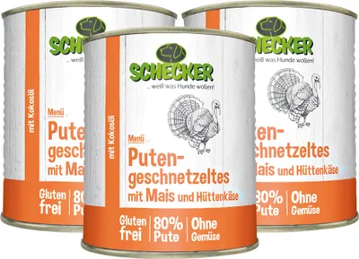 Produktbild von 3 x 820 g - Schecker Hundemenü Nassfutter - Putengeschnetzeltes mit Mais, Hüttenkäse und Kokosöl