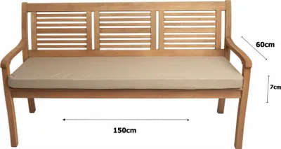 A wooden bench with a beige cushion, shown against a white background with dimensions indicated.