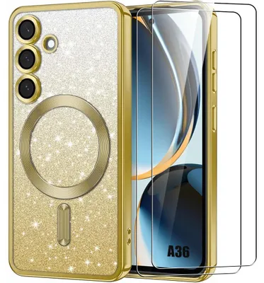 Image de Coque + 2 Verres Trempés pour Samsung Galaxy A36 5G, Protection Scintillante avec Anneau Magnétique Doré