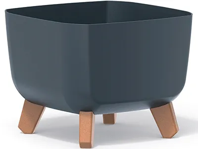 A square planter with wooden legs on a white background.