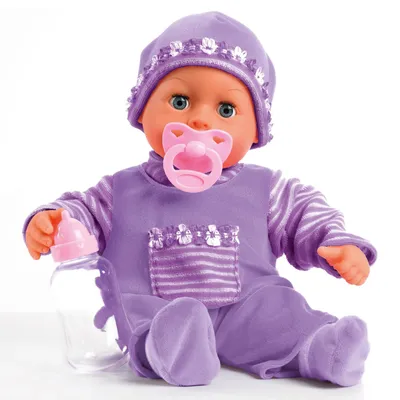 Zdjęcie produktu dla Bayer Design 93826AF, interaktywna lalka dla niemowląt, mówiąca, z zamkniętymi oczkami podczas snu, miękka, 24 dźwięki niemowlęce, 38 cm, fioletowa