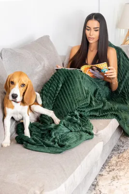 A woman is reading a magazine on a couch, covered by a green blanket, with a beagle dog sitting next to her.