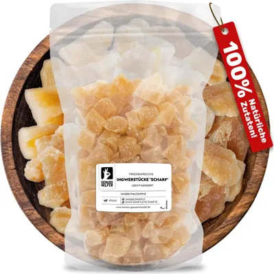 Produktbild von Ingwer 1Kg, kandierter Ingwer - Ginger, Trockenfrüchte ungeschwefelt, Ingwer getrocknet, Ingwer Würfel, Ingwer kandiert scharf