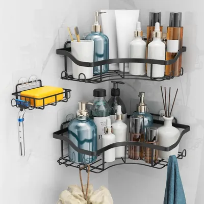Image de Étagère de douche sans perçage, lot de 3, noire, en acier inoxydable, étagère d'angle avec crochets