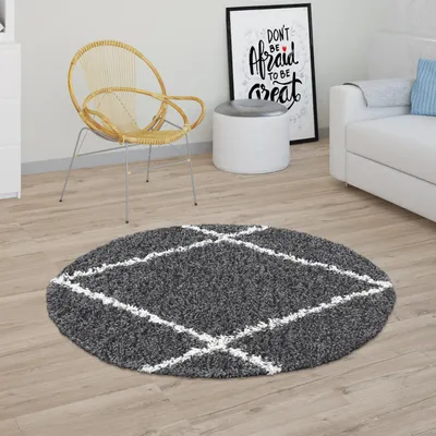 Produktbild von Hochflor Teppich Wohnzimmer Shaggy Skandinavisches Rauten Muster, Modern Dunkel Grau Grösse Ø 200 cm Rund