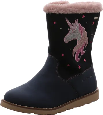 A single blue boot with a unicorn design and pink trim is shown against a white background.