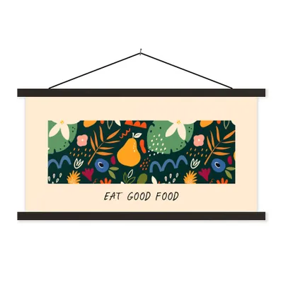 Produktbild von MuchoWow® Textilposter Zitate - Sprichwörter - Gutes Essen essen 150x75 cm mit schwarzem Rahmen - Posterleiste