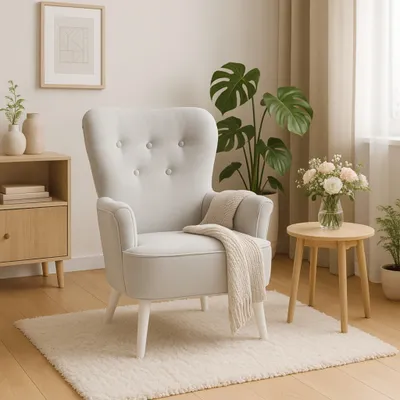 Sessel VELO in einem hellen, skandinavisch eingerichteten Wohnzimmer mit Teppich, Blumen, Zimmerpfla