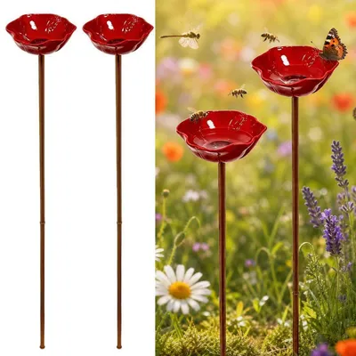 Image de Ensemble de 2 abreuvoirs pour oiseaux, en métal, forme fleur, 60 cm. Idéal pour le jardin, pour les abeilles et les insectes