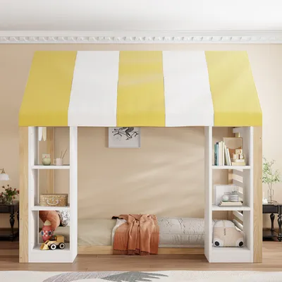 Obrázok produktu pre Postel okwish s baldachýnom, rozmery 90x200 cm, detská postel s otvorenými zásuvkami, posteľ pre tínedžov s veľkým úložným priestorom, bez matraca, farba: biela + prírodná