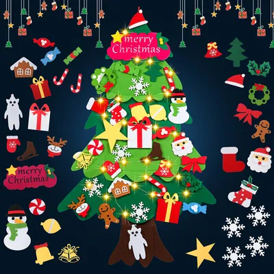 Productafbeelding van Jopassy vilten kerstboom, doe-het-zelf kerstboom, kerstset, hangende decoratie voor kinderen, kerstcadeau met LED-lichtjes, 32 stuks, decoratieve LED-kerstboom, zelf te maken