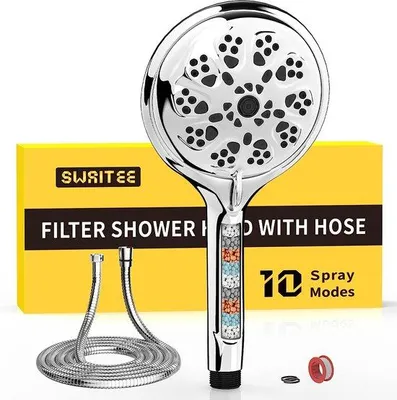 Produktbild von Unyqoos® Handbrause Duschkopf mit 1,5 m Edelstahl‑Schlauch, 10 Strahlarten, wassersparend und druckverstärkend, ABS mit 4‑Kugel‑Mineralfilter, G1/2‑Anschluss
