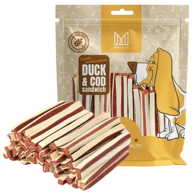 Productafbeelding van Mersjo Hondensnacks met Eend en Kabeljauw, Zachte Sandwichstrips met 87% Eend en Vis, 500 g