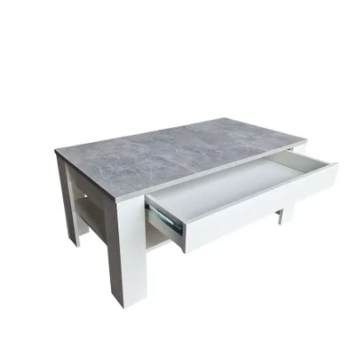 Produktbild von Couchtisch Wohnzimmertisch Ewa 100 x 54 cm Weiß mit Schublade Beton Platte Neu