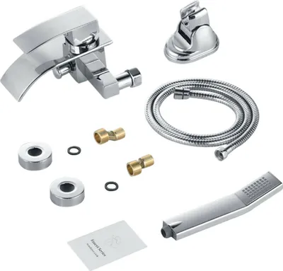 A collection of bathroom faucet and shower components laid out on a white background.