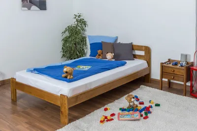 Produktbild von Kinderbett / Jugendbett Kiefer Vollholz massiv Eichefarben A5, inkl. Lattenrost - Abmessung 120 x 200 cm