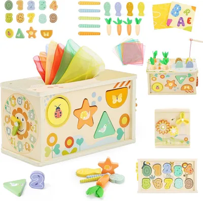 Produktbild von Montessori-Spielzeug für 1-Jährige – 6-in-1-Holzspielzeug für Babys, eine Nachziehbox mit Zahnrädern – Angelnspiel und Formensortierspiel