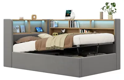 Obrázek produktu pro Sametová denní postel – rozkládací pohovka s hydraulickým úložným prostorem – vysoké opěradlo – 140 x 200 cm – šedá barva