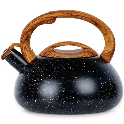 A black speckled kettle with a wooden handle and lid.