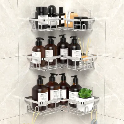 Image de Étagères murales pour douche, lot de 3, en acier inoxydable, installation sans perçage