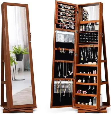 Image de Armoire à bijoux - Armoire à glace - Miroir en pied - Miroir de maquillage intégré - Rotation à 360° - Verrouillable - Marron