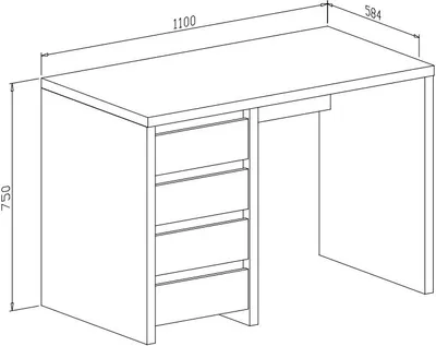 A line drawing of a white desk with four drawers on the left side and a keyboard tray.