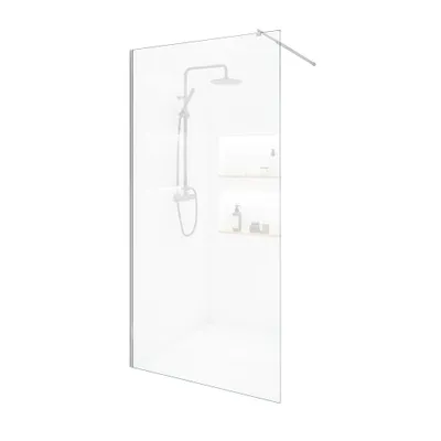 A shower enclosure with a shower head and shelves visible inside.